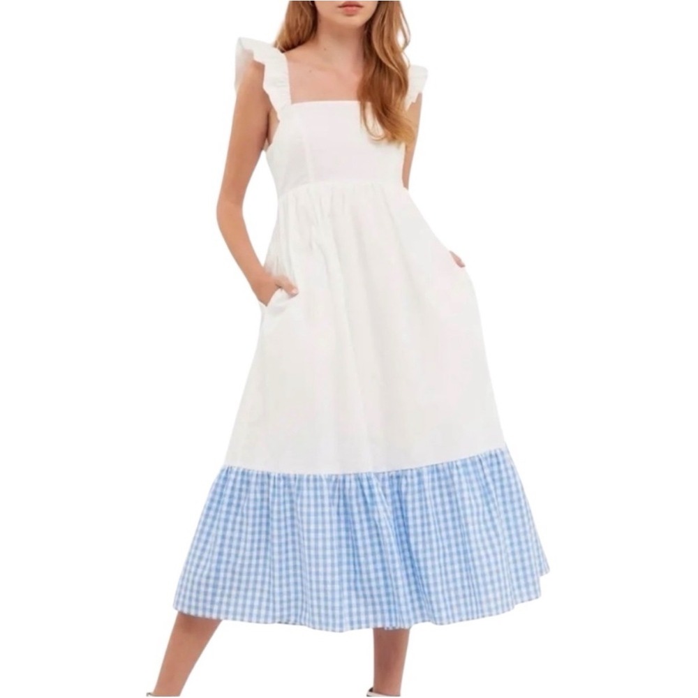English Factory Midi Dress Women 1X White Blue Gingham Ruffle Shoulder HN931DX